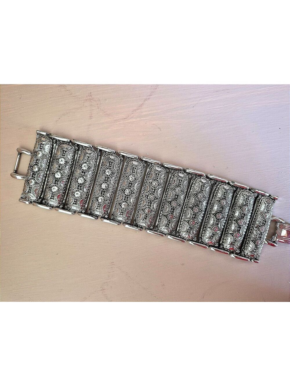 Vintage Silver Tone Wide Panel Bracelet